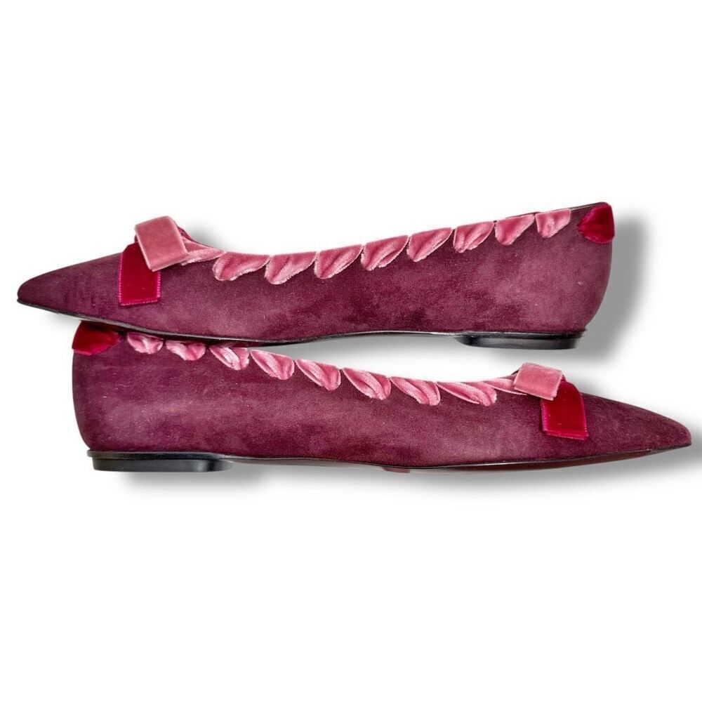 Fendi Burgundy Suede Velvet Ribbon Stitch Bow Pointed Toe Ballet Flats Size 38 - Picture 5 of 11